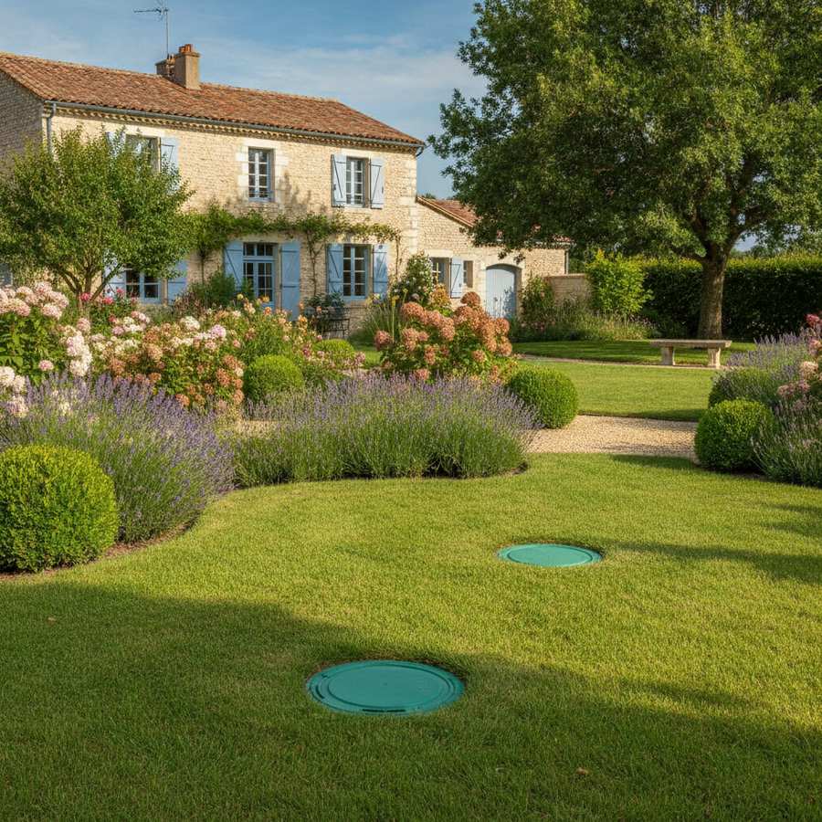 Fosse septique installée avec regards de visite dans un jardin paysager