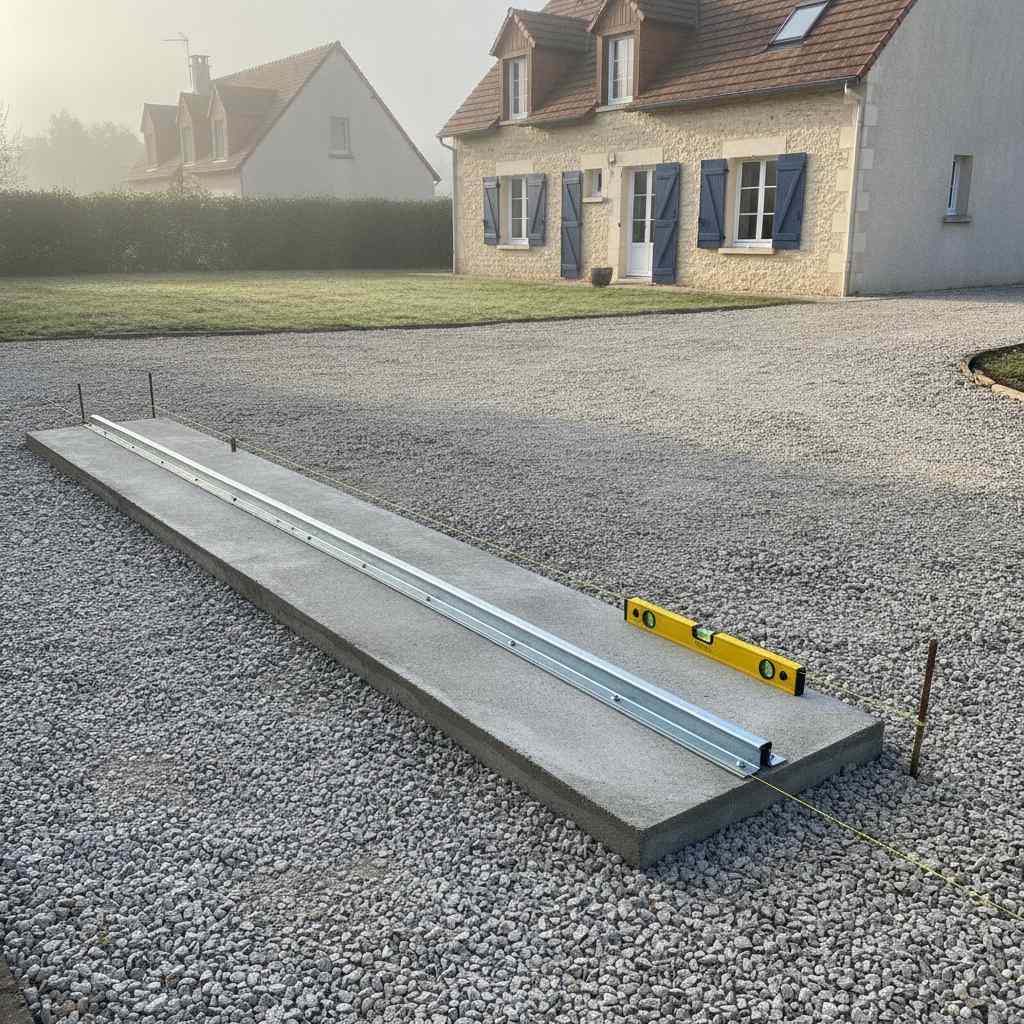 Longrine béton et rail de guidage préparés pour un portail coulissant 4m