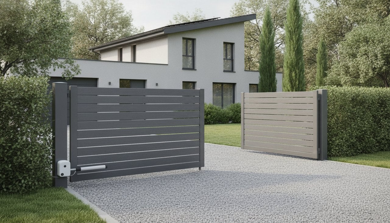 Portail battant aluminium gris motorise par verins devant une maison individuelle