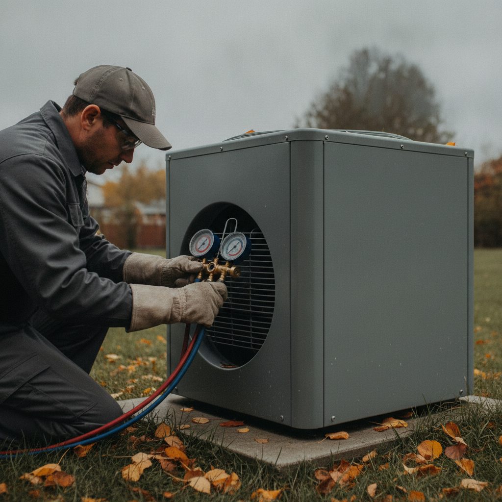 Technicien effectuant l'entretien annuel d'une pompe à chaleur air-eau haute température avec manomètres
