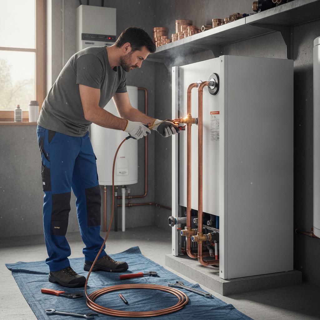 Installateur chauffagiste raccordant le module hydraulique d'une pompe à chaleur air-eau haute température