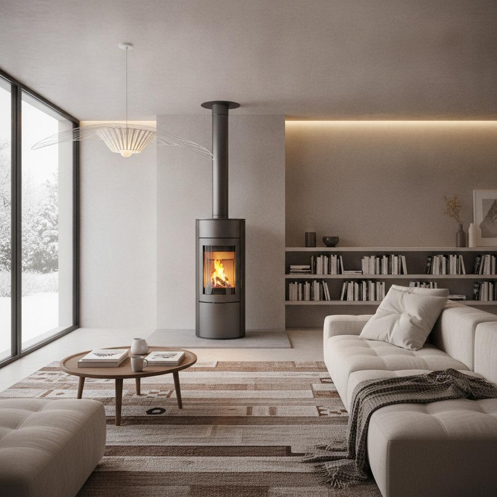 poêle à granulés étanche installé dans un salon moderne