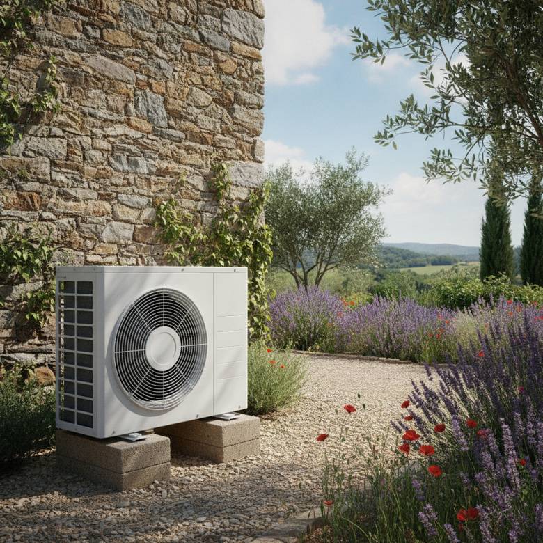 Unité extérieure de pompe à chaleur air-eau haute température installée contre la façade d'une maison ancienne