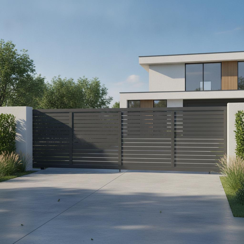 portail coulissant 3m50 en aluminium gris anthracite installe entree maison