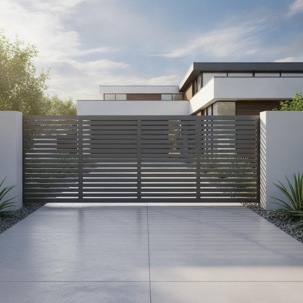 Portail coulissant aluminium moderne installé devant une maison