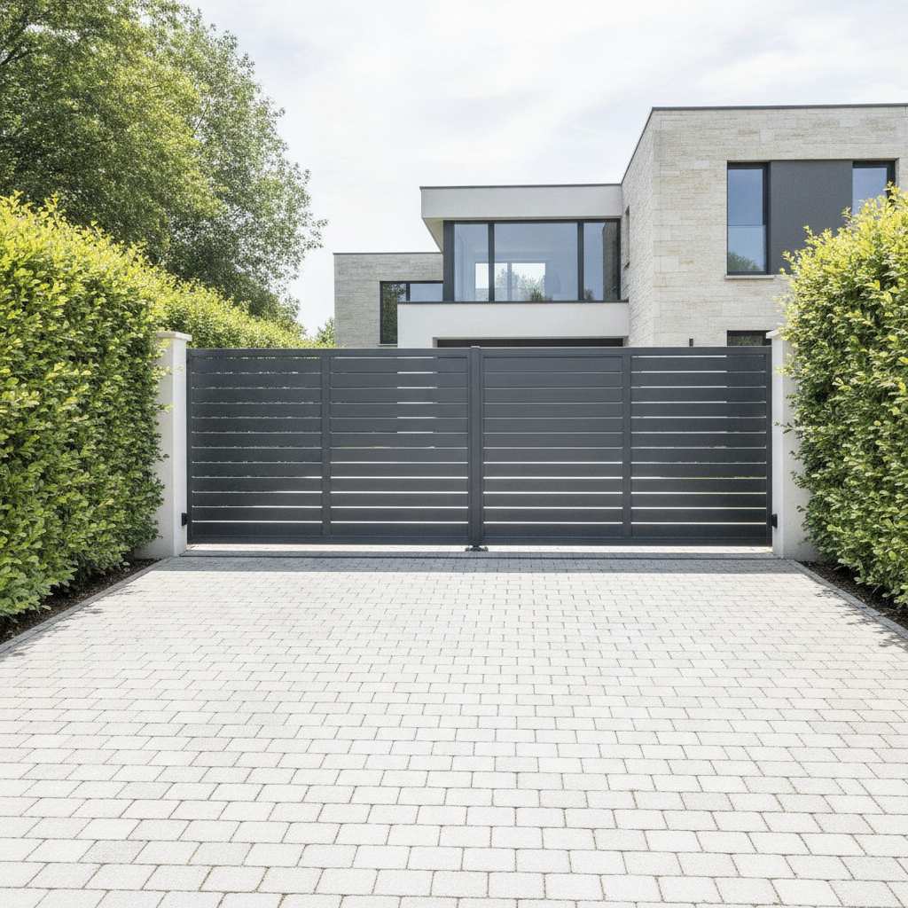 Portail coulissant motorisé 4m en aluminium anthracite devant une maison contemporaine
