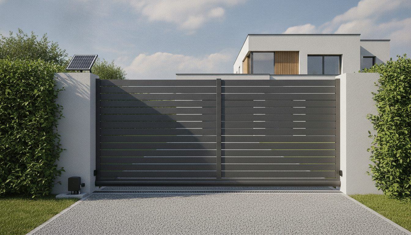 Portail aluminium coulissant motorisé avec panneau solaire installé sur le pilier d'une maison contemporaine