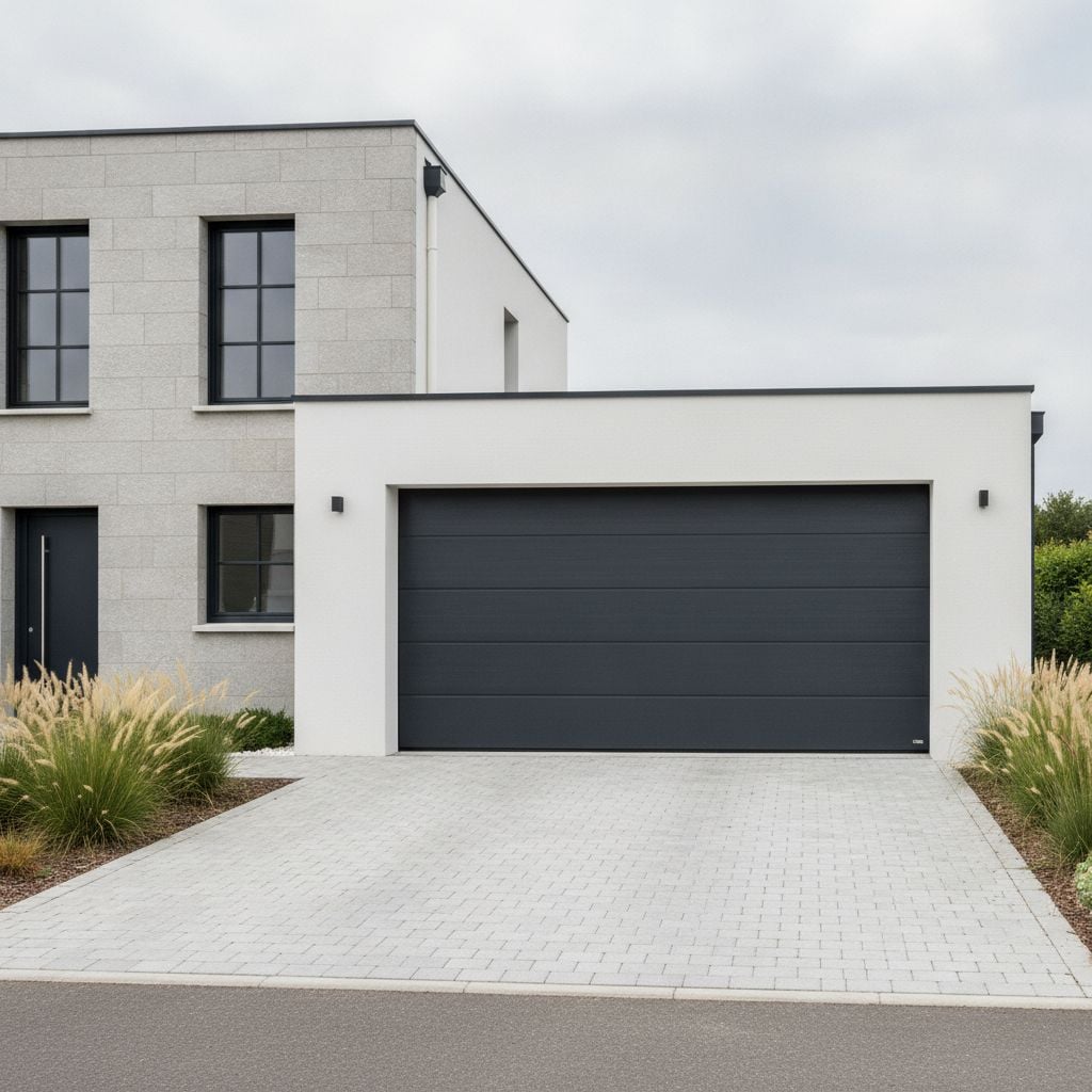 Porte de garage sectionnelle Novoferm anthracite installée sur une maison contemporaine