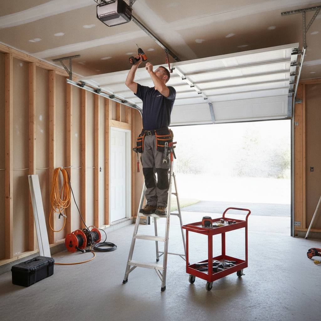 Installateur professionnel montant les rails d'une porte de garage sectionnelle Novoferm iso45