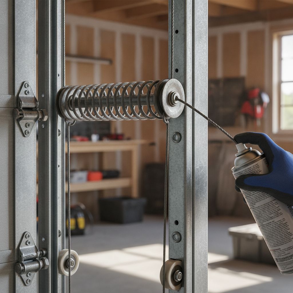 Détail des rails et ressorts d'une porte de garage sectionnelle Novoferm lors d'un entretien
