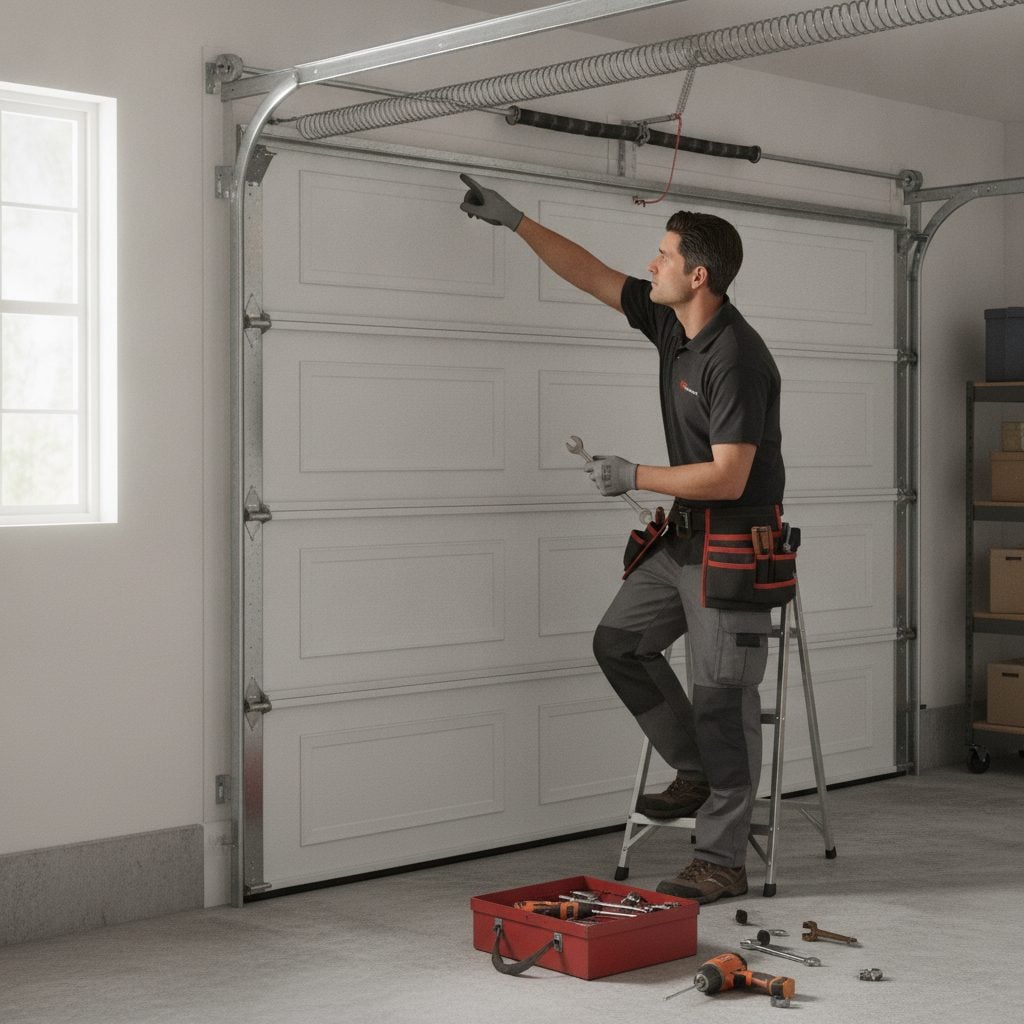 Technicien inspectant les ressorts de torsion et les rails d'une porte de garage sectionnelle motorisée