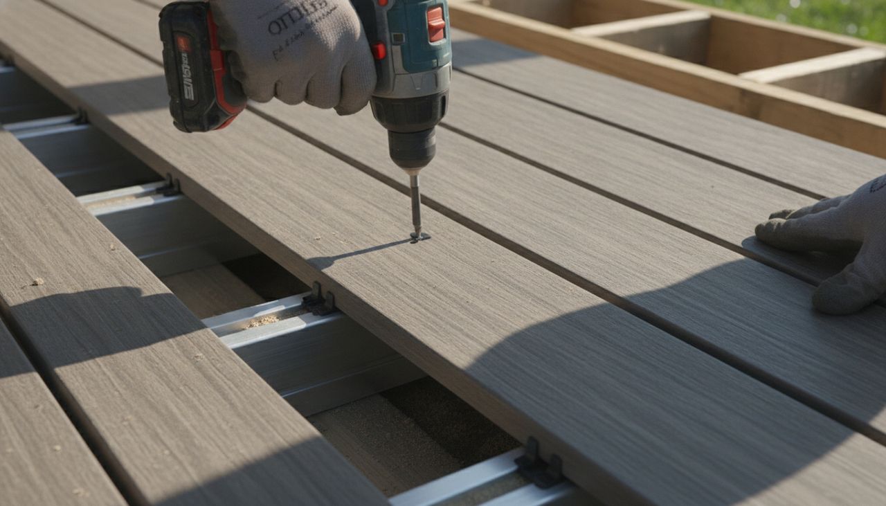 Pose des lames de terrasse composite sur lambourdes avec clips invisibles