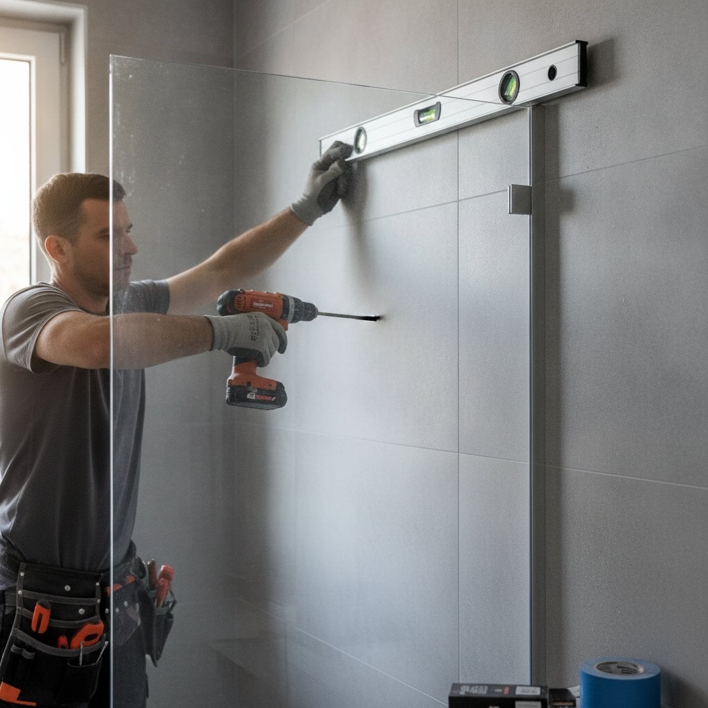 pose d'une paroi de douche italienne en verre trempé par un professionnel