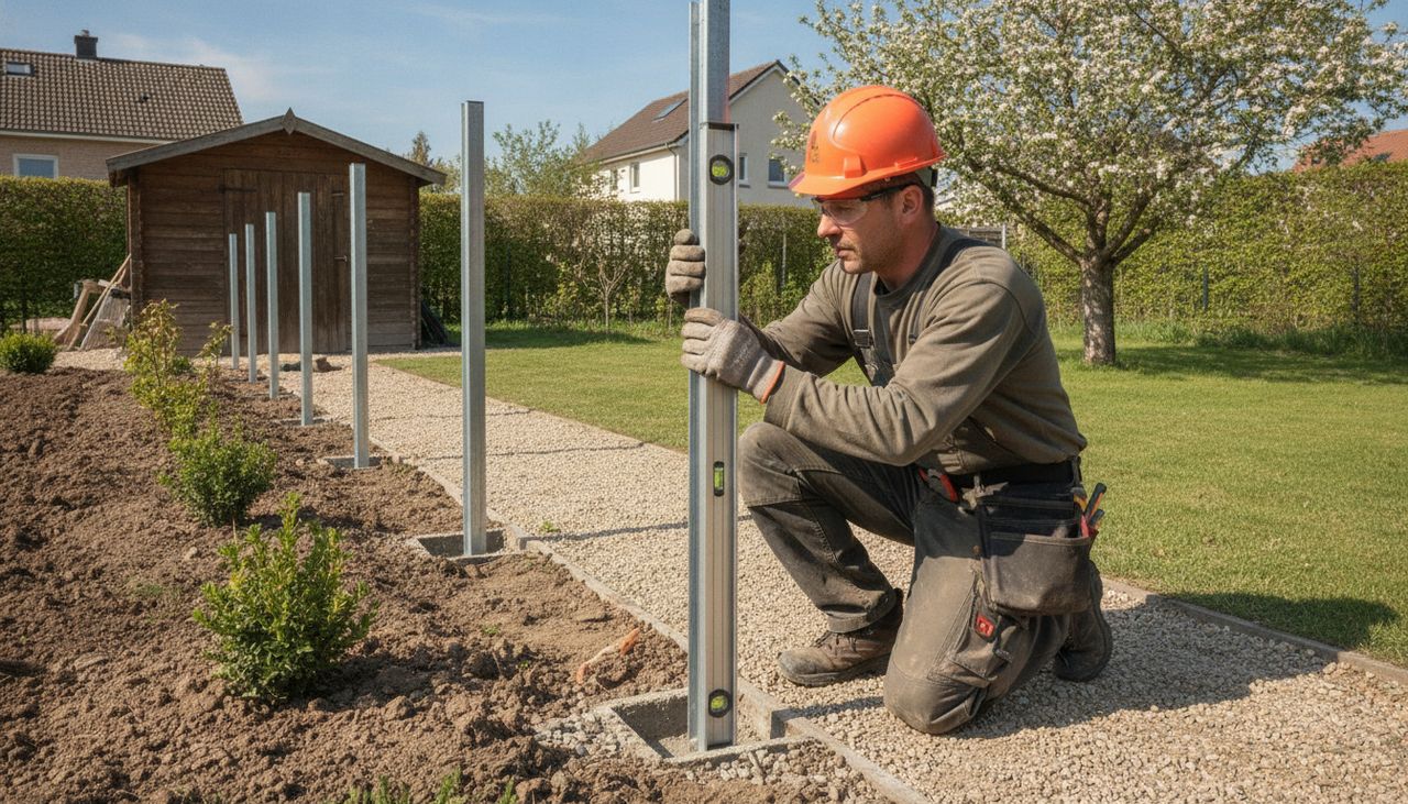 Pose des poteaux d'une clôture de jardin sur platine