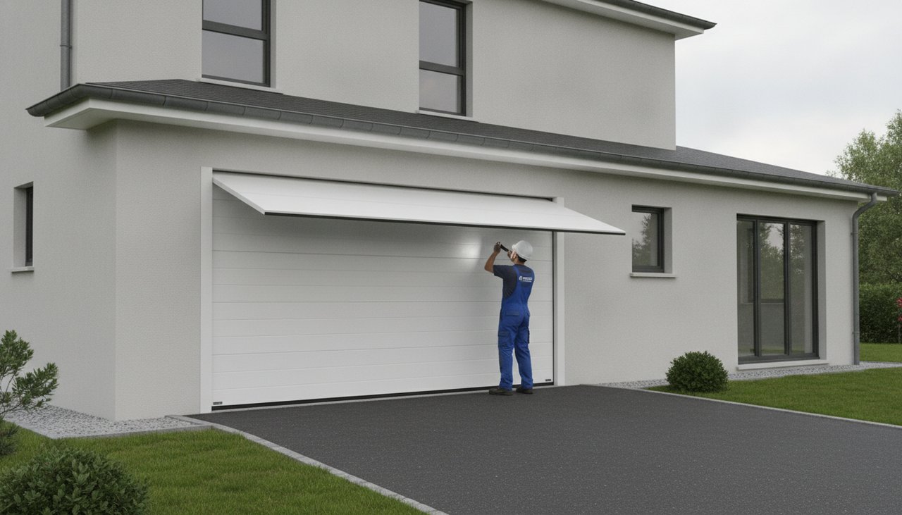 Porte de garage sectionnelle blanche motorisee sur une maison individuelle