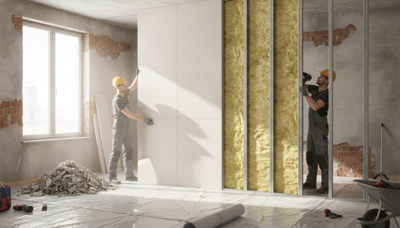 Deux artisans montent une cloison en plaques de plâtre sur ossature métallique avec isolant en laine de verre visible entre les montants, chantier de rénovation intérieure