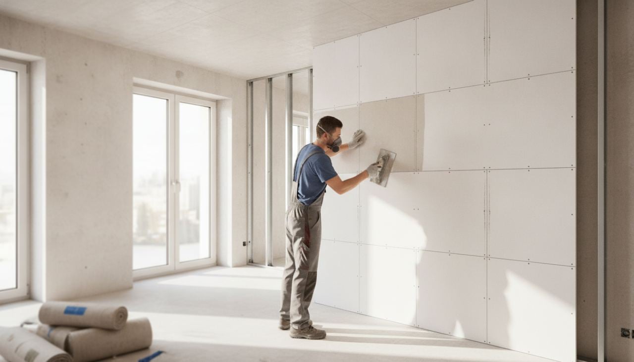 Un artisan applique de l'enduit sur les joints entre deux plaques de plâtre avec un couteau à enduire large, finition d'une cloison prête à peindre, intérieur lumineux