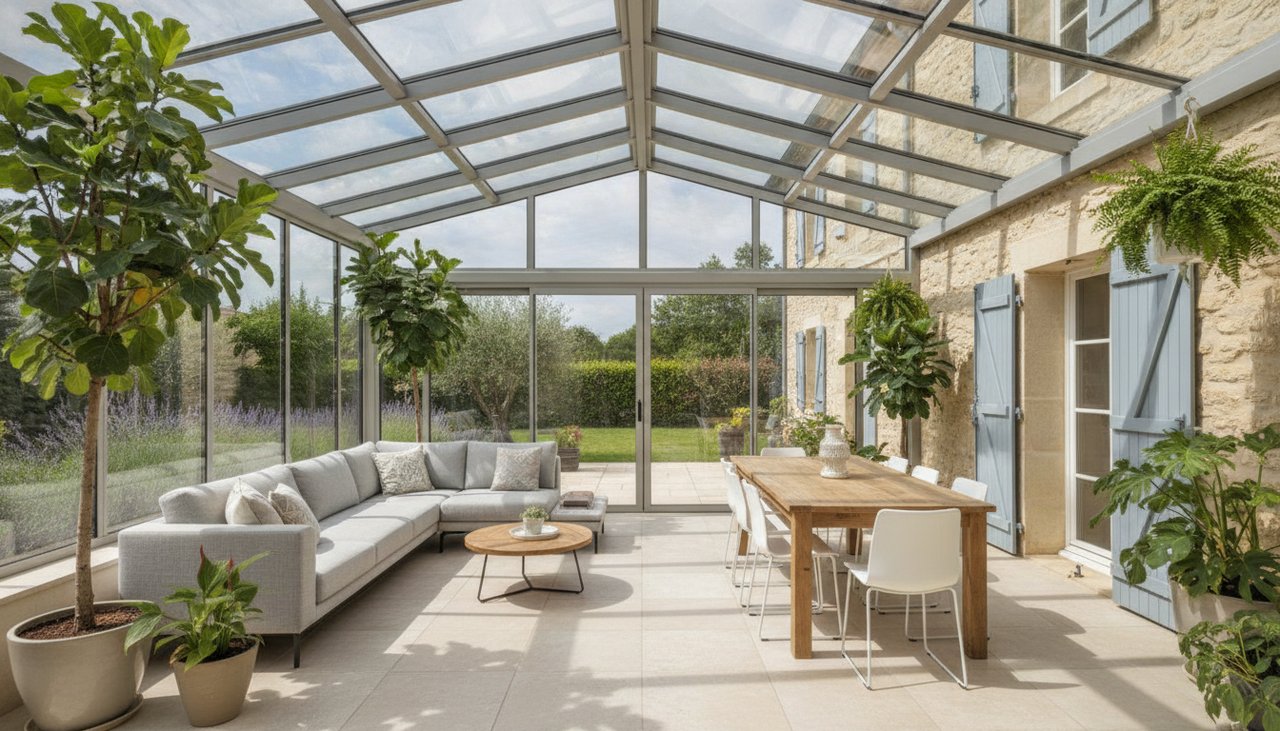 Véranda aluminium de 40m2 vitrée aménagée en pièce à vivre