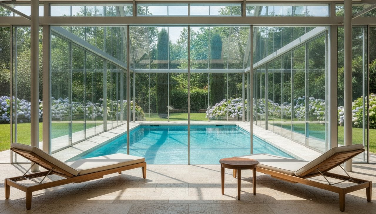 Véranda piscine moderne en aluminium avec grandes baies vitrées et bassin intérieur