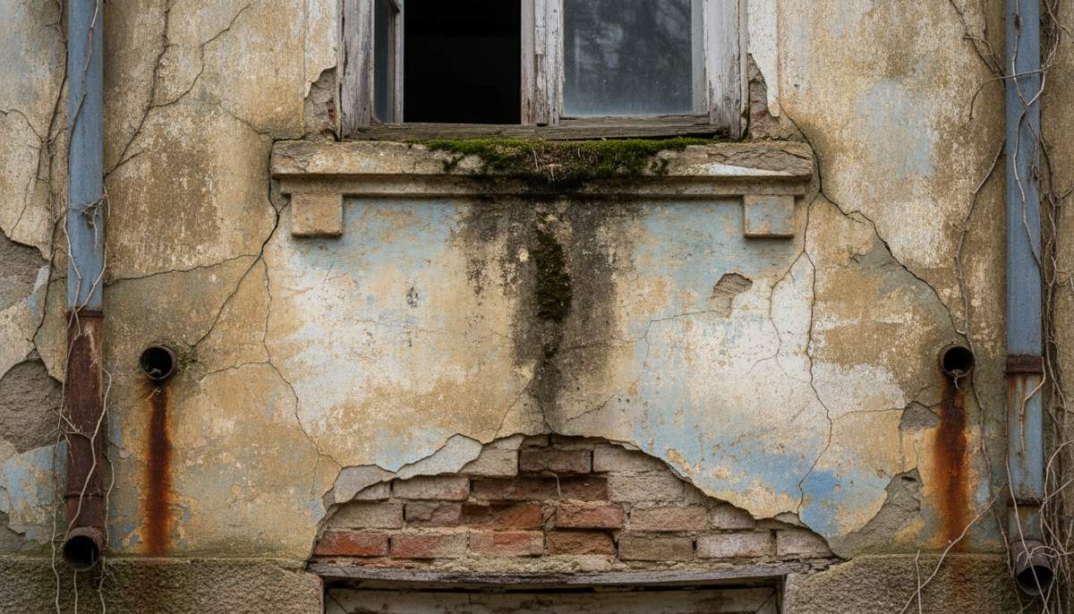 facade de maison fissuree avant travaux de ravalement avec mousse et salissures