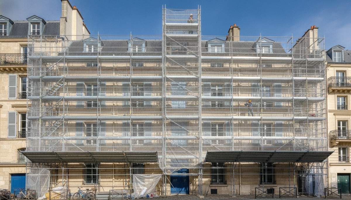 echafaudage monte le long d une maison pendant un chantier de ravalement de facade