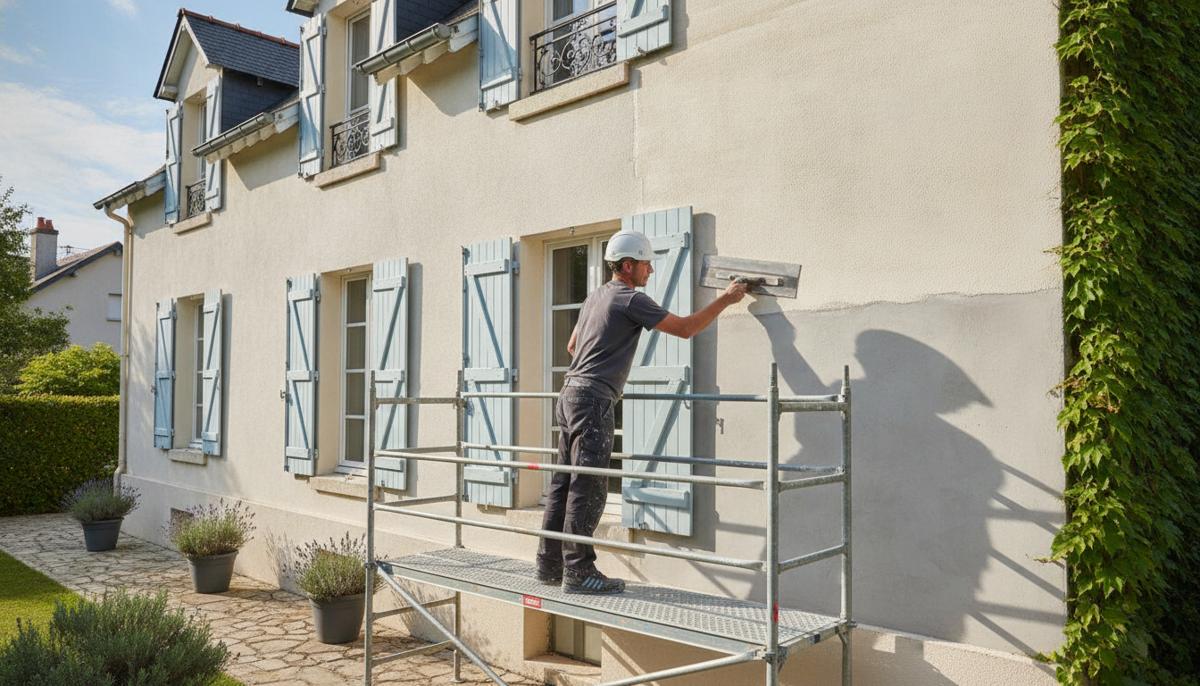ouvrier facadier appliquant un enduit sur la facade d une maison individuelle