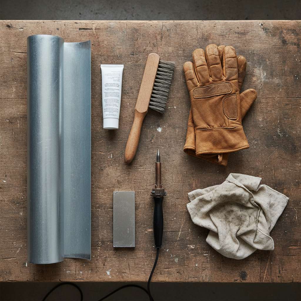 Matériel pour réparer une gouttière en zinc : zinc, mastic, étain