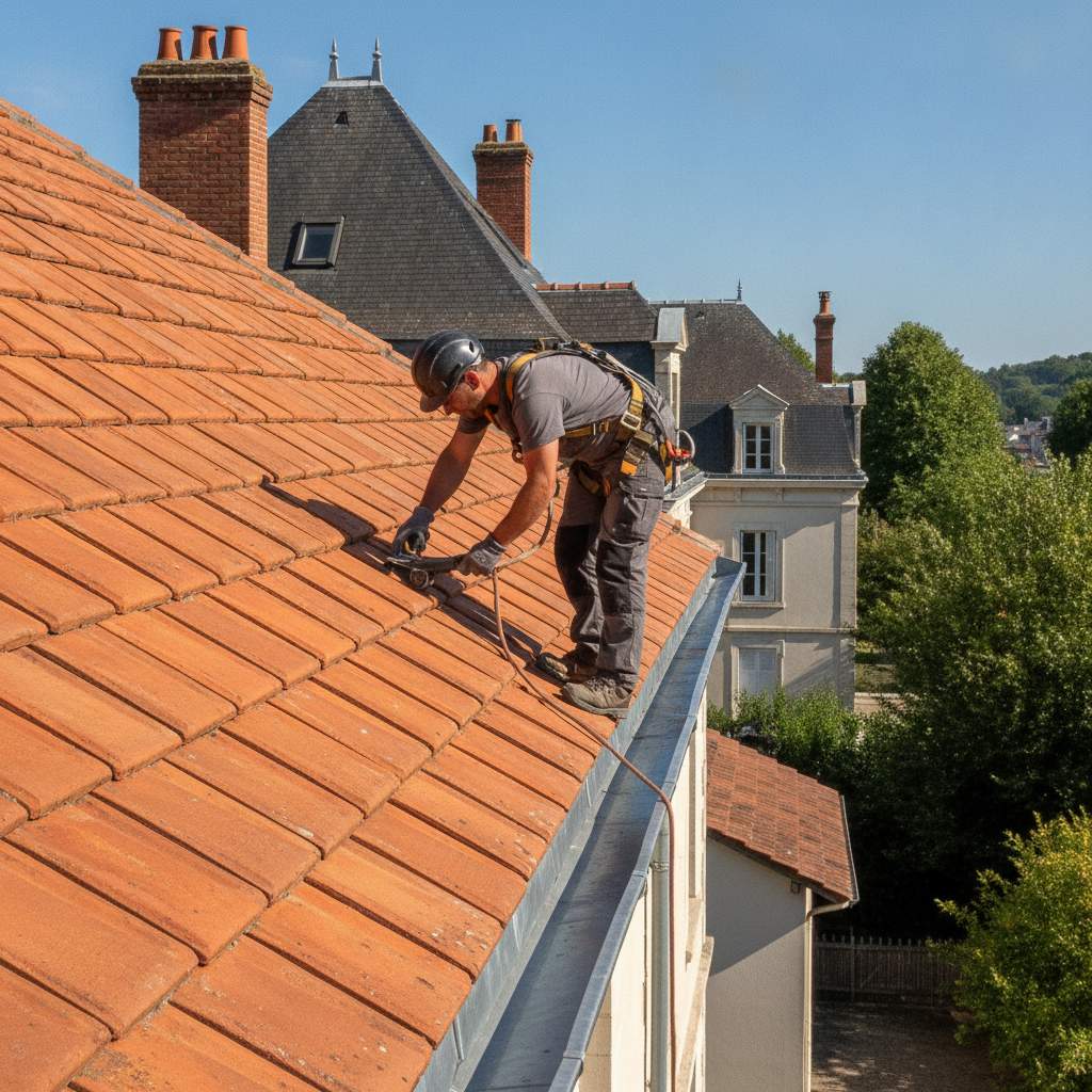 Couvreur zingueur remplaçant une section de gouttière en zinc