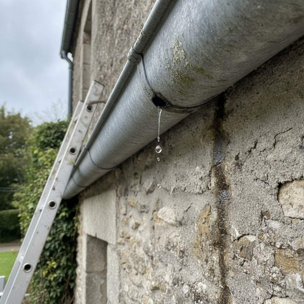 Trou de corrosion sur une gouttière en zinc à réparer