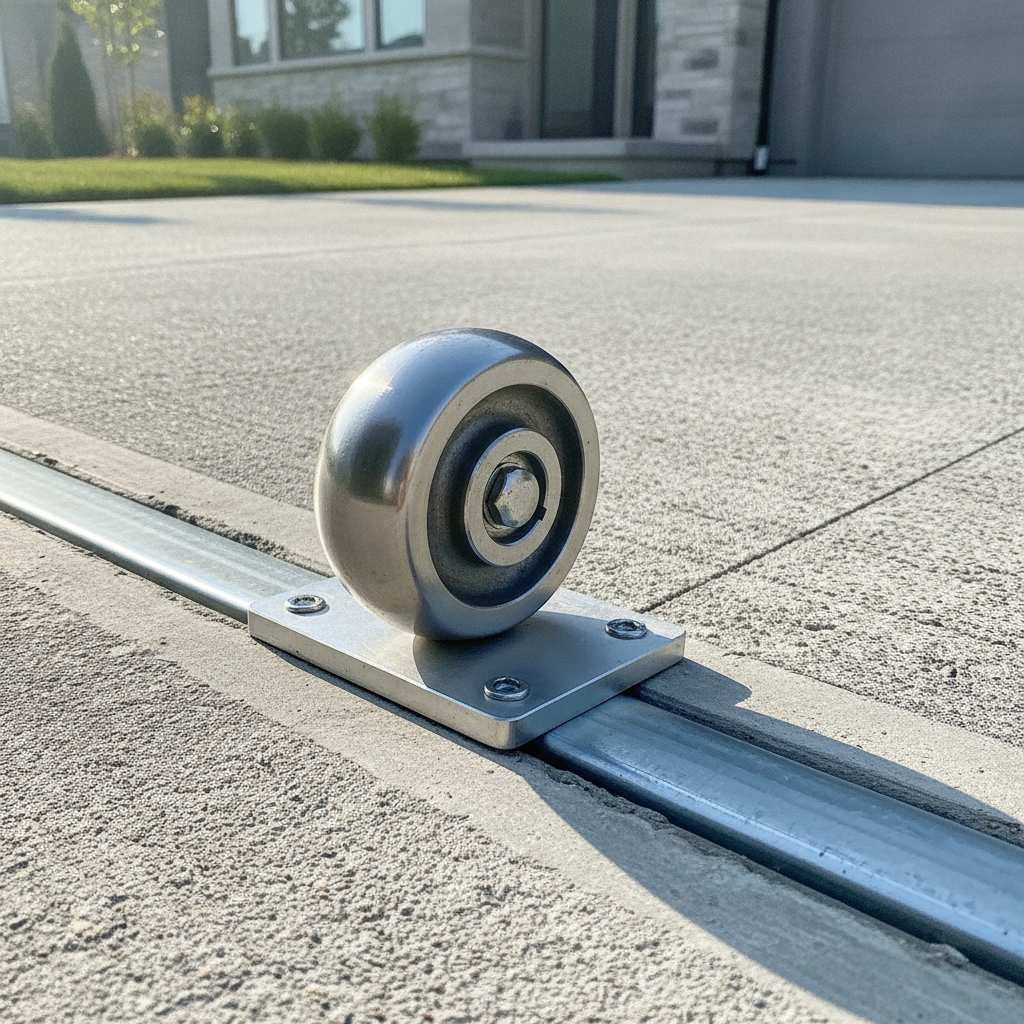 Roulette de portail coulissant en gros plan sur rail métallique