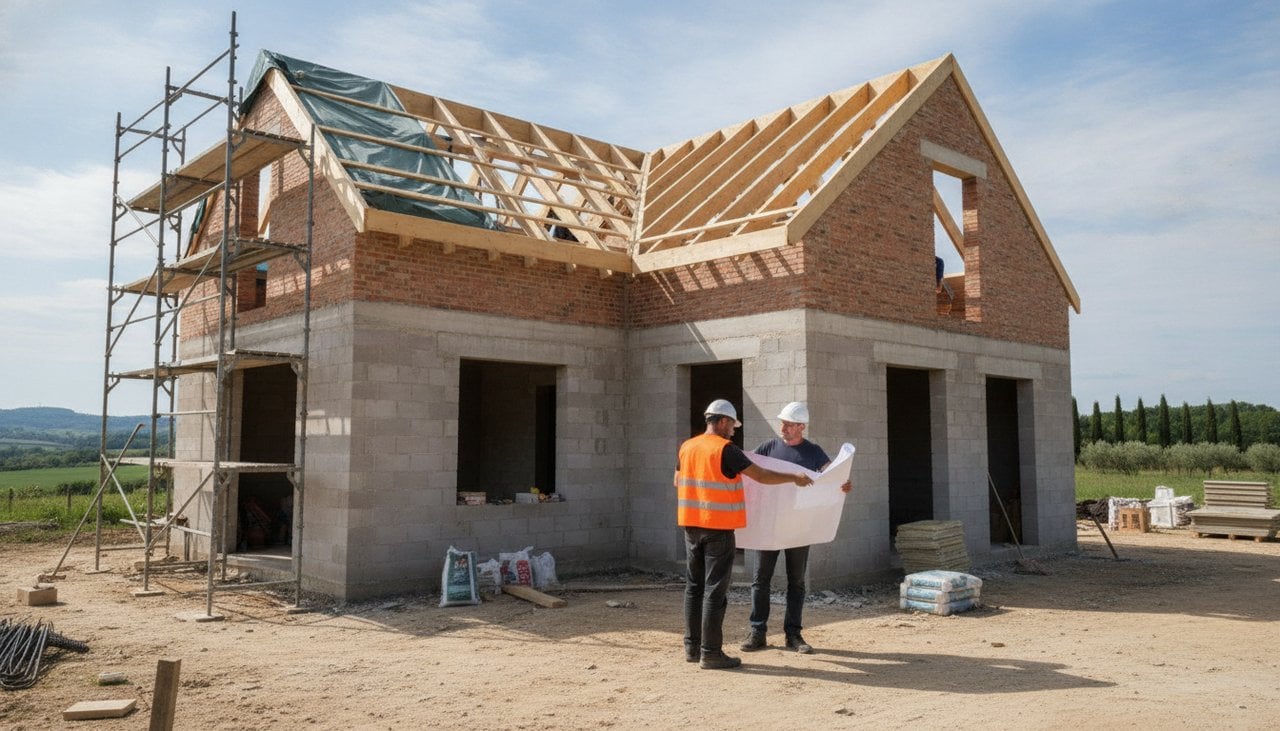Maison individuelle en construction en France : murs en parpaing et charpente bois