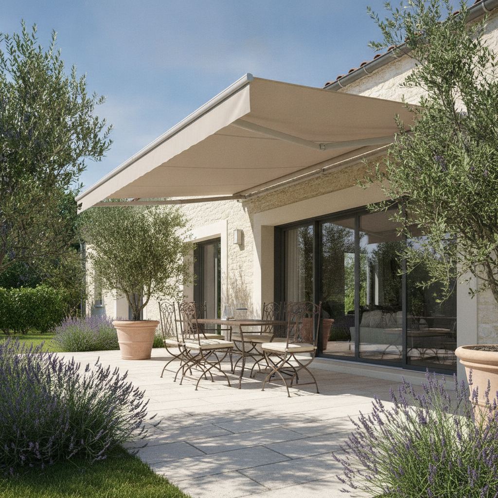 store banne 4x3 manuel deroule sur une terrasse ensoleillee