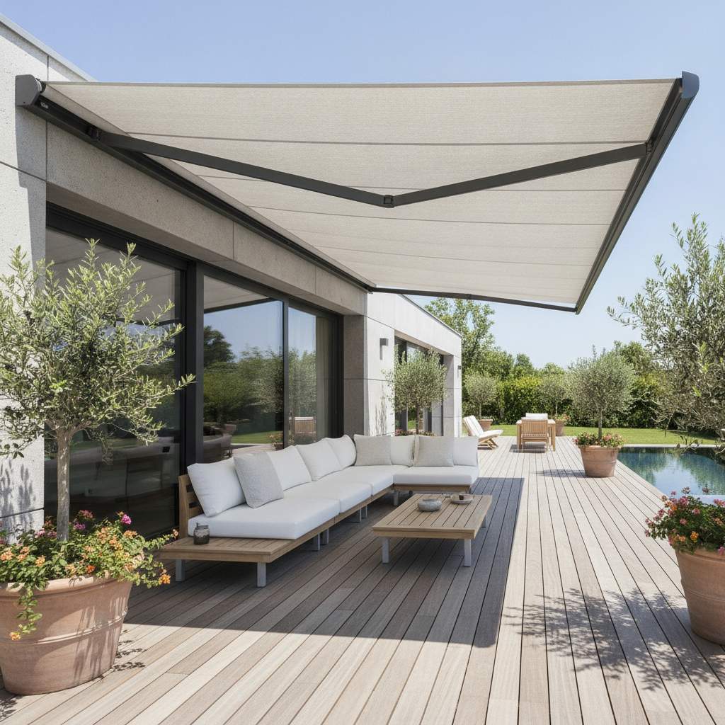 store banne electrique installe sur une terrasse moderne