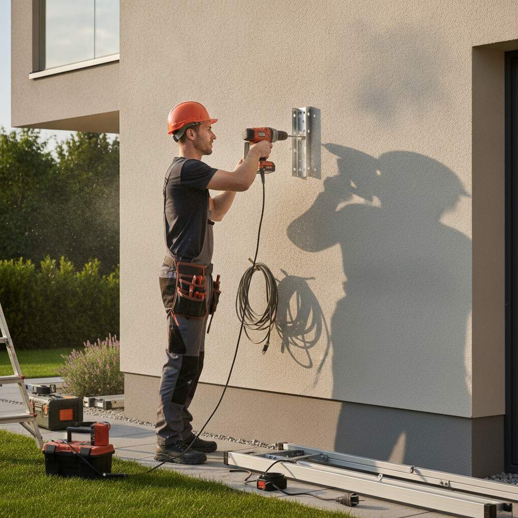 installation d un store banne electrique par un professionnel sur une facade
