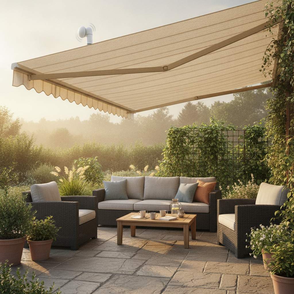 terrasse ombragee par un store banne electrique avec capteur de vent