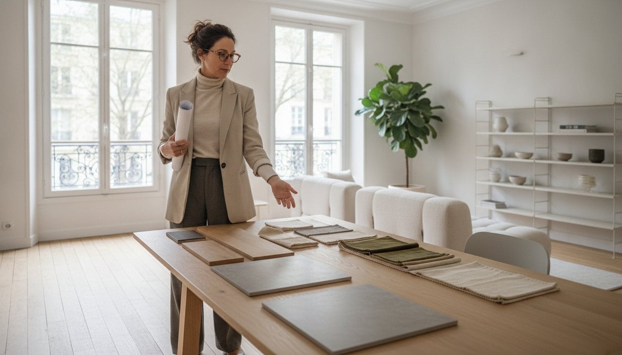 Architecte d'intérieur travaillant sur des plans d'un appartement rénové
