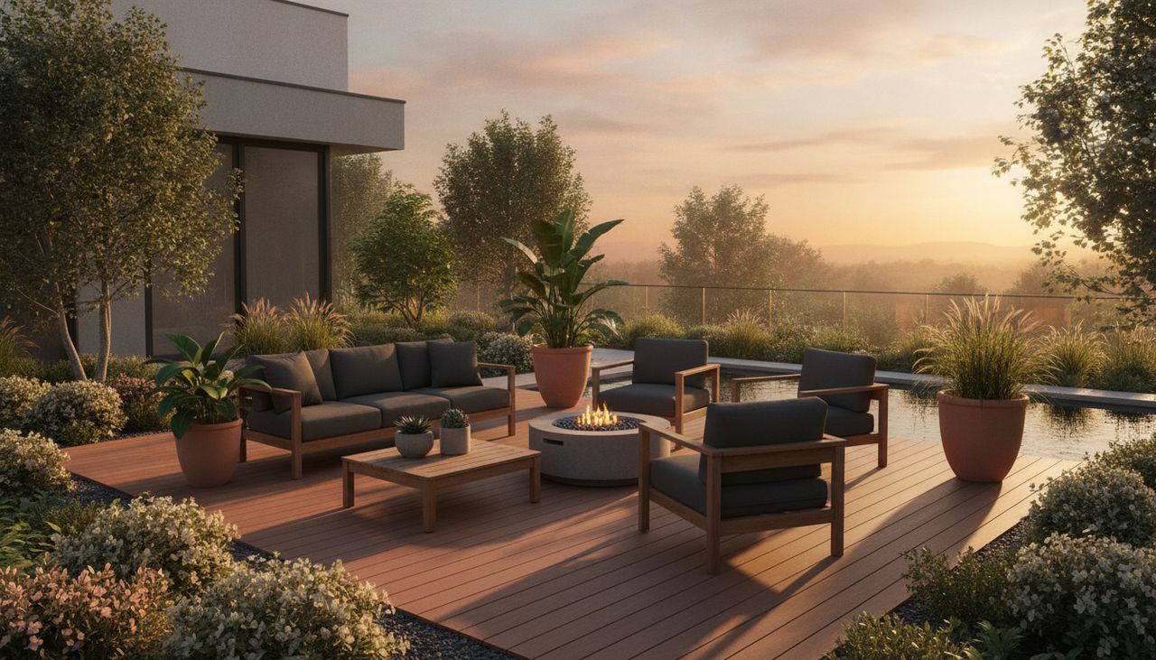 Terrasse en composite moderne terminee avec mobilier de jardin