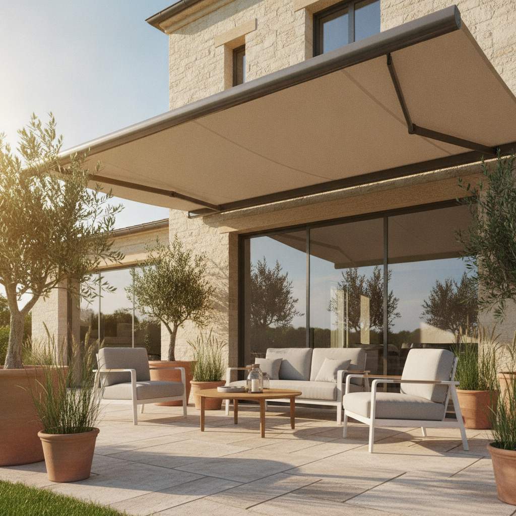 toile store banne Leroy Merlin déployée sur une terrasse ensoleillée