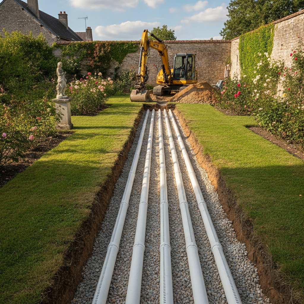 Installation d'un épandage pour fosse septique dans un jardin