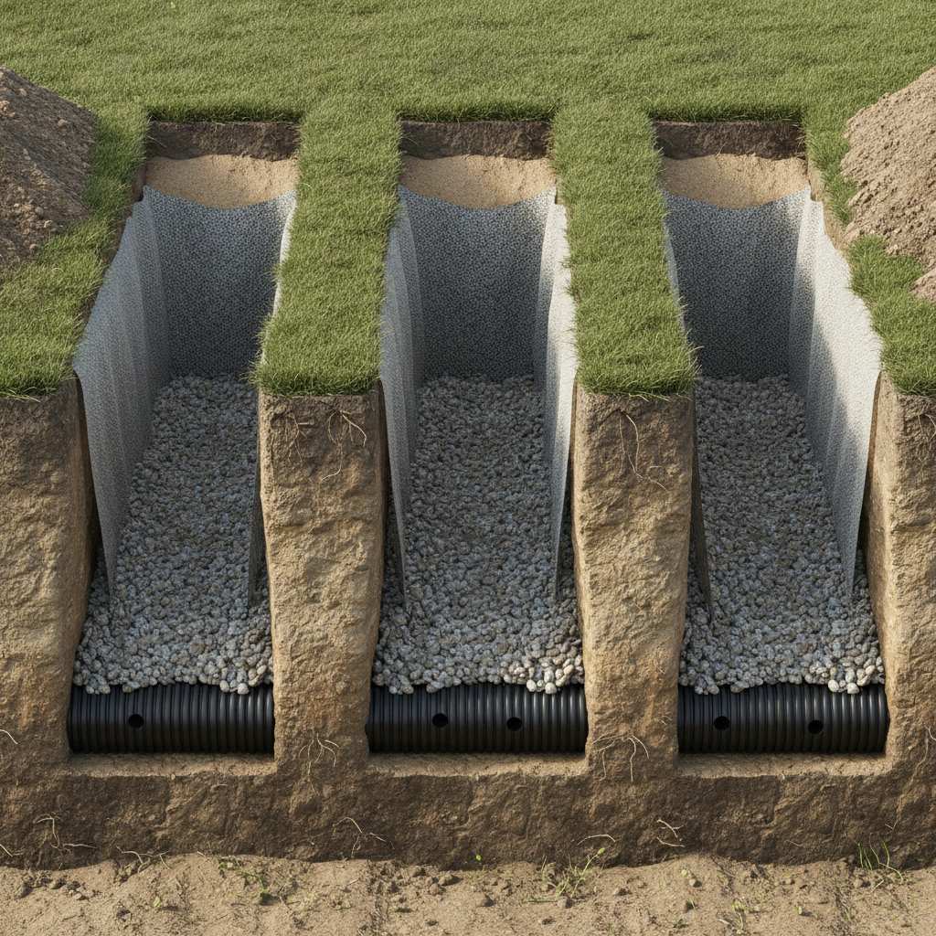 Tranchées d'épandage avec drains et graviers