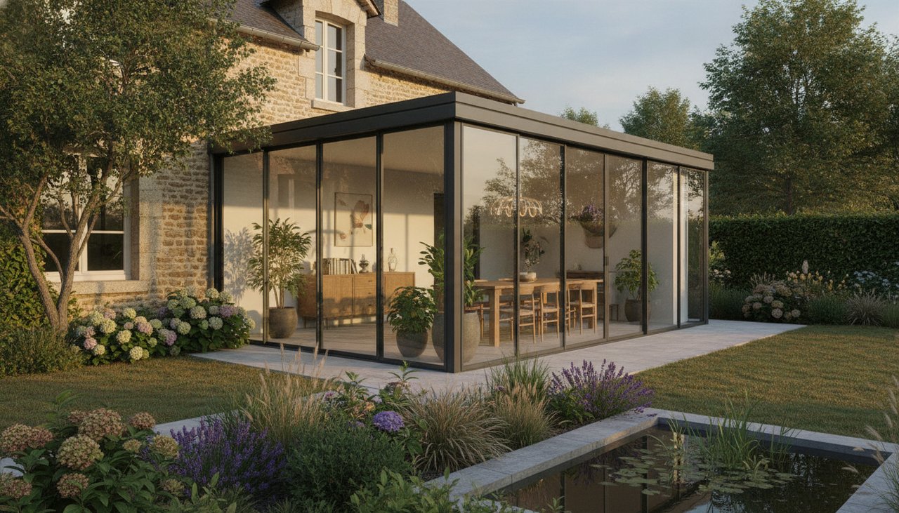 Véranda aluminium moderne adossée à une maison en pierre