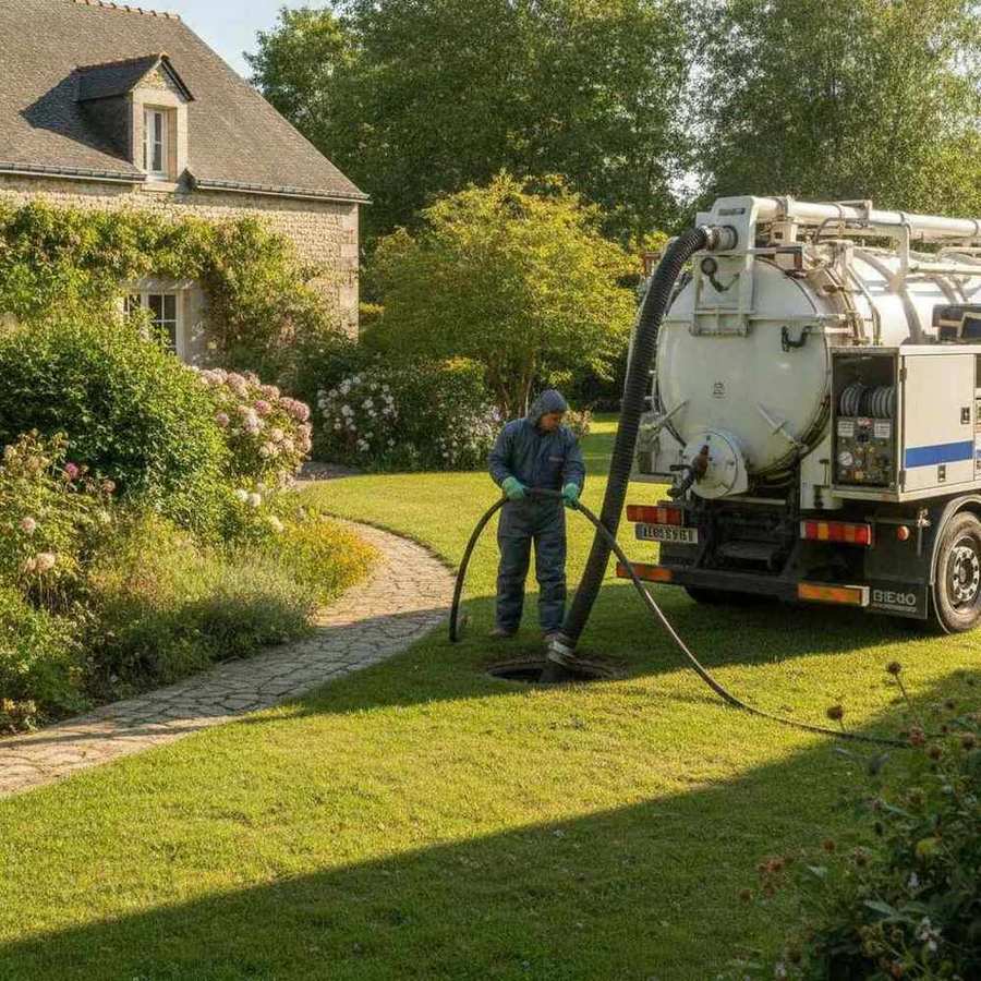 Technicien effectuant la vidange d'une fosse septique avec camion hydrocureur