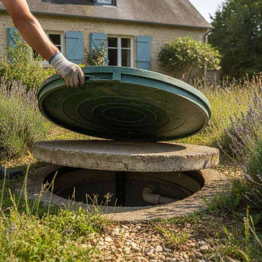 Inspection du regard d'une fosse septique avant vidange