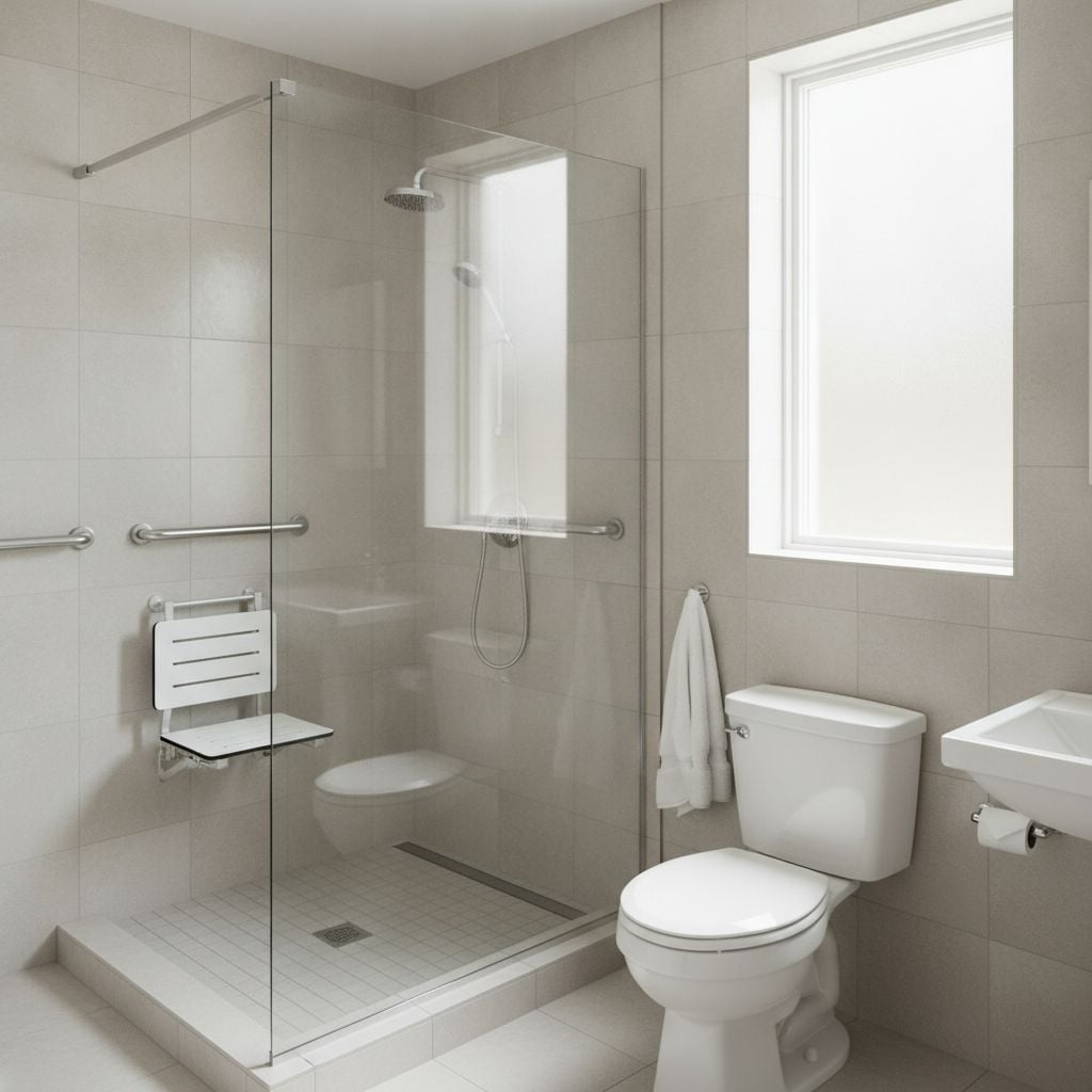 Douche senior de plain-pied avec siège mural et barres d'appui après remplacement d'une baignoire