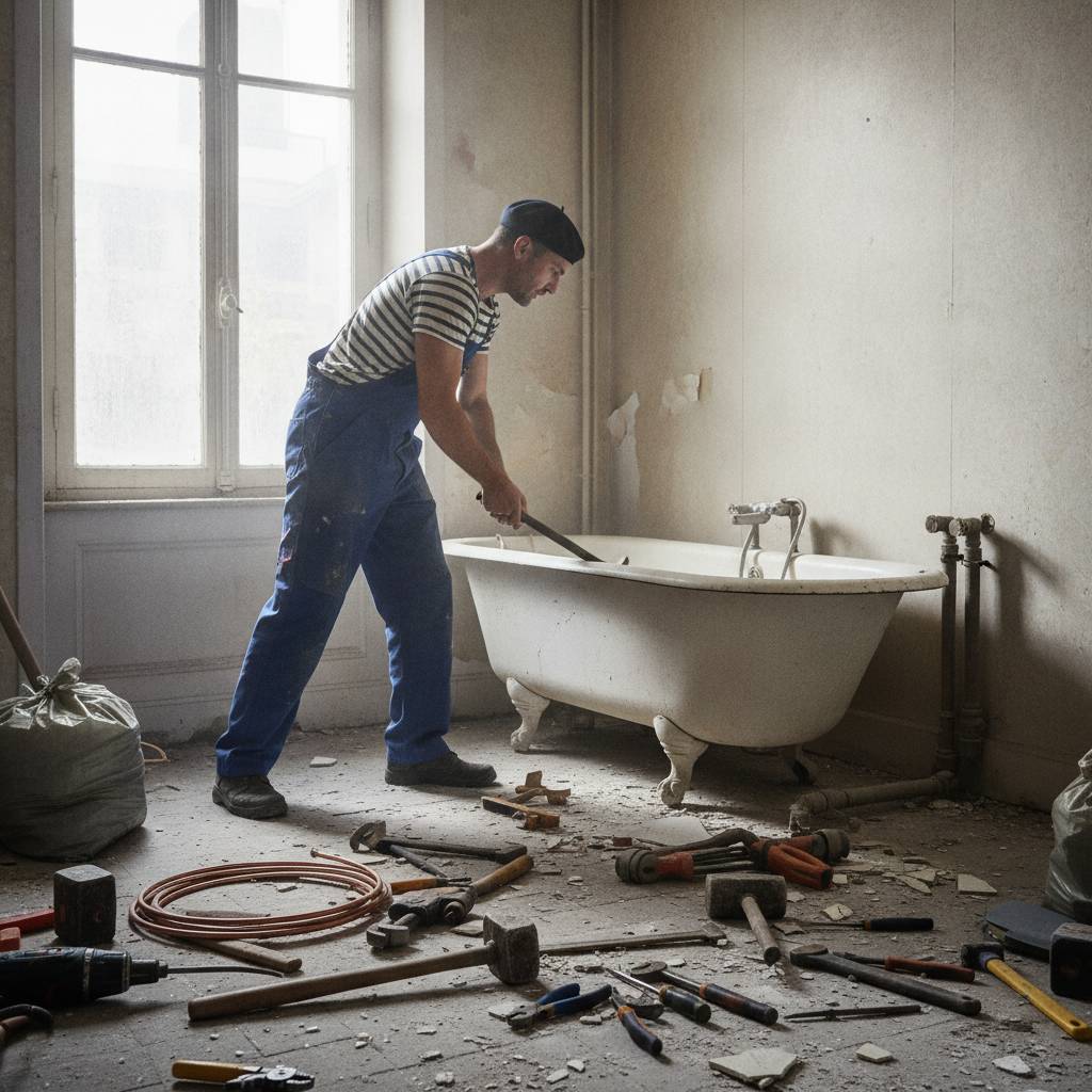 Artisan plombier déposant une ancienne baignoire pour la remplacer par une douche senior