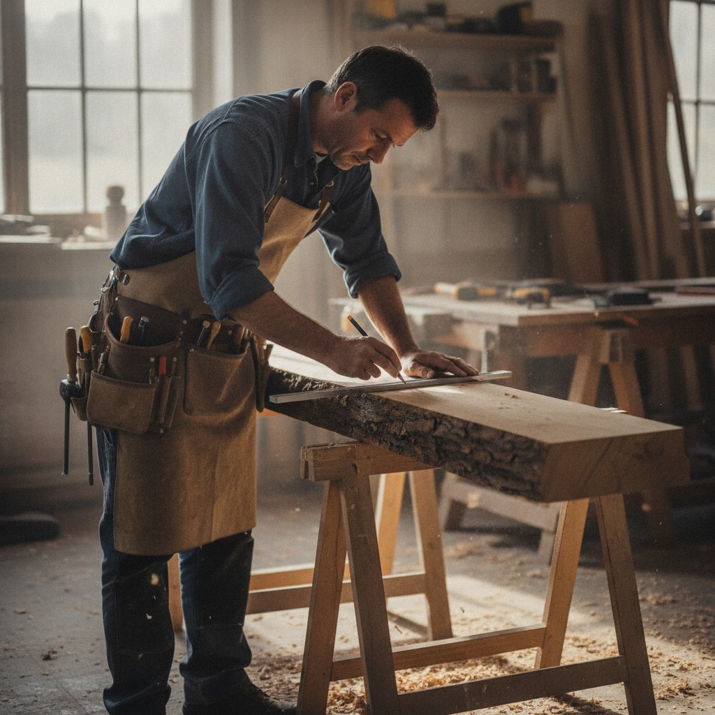 Charpentier traçant une pièce de bois de charpente traditionnelle à l'équerre