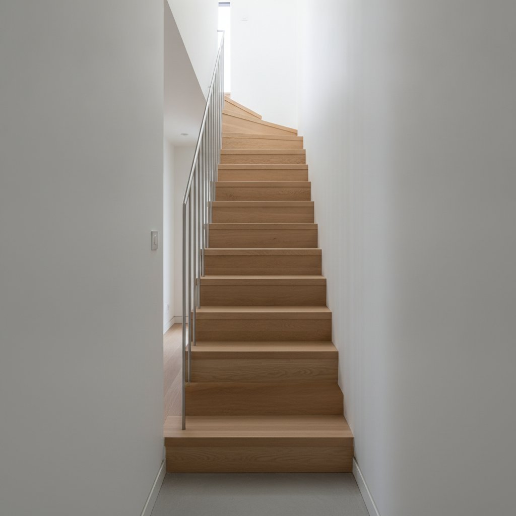 Escalier gain de place alterné en bois clair dans un couloir étroit
