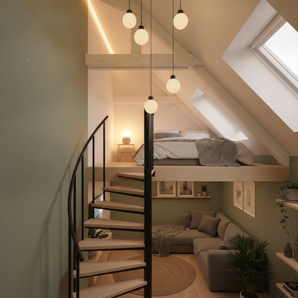 Escalier hélicoïdal gain de place menant à une mezzanine dans des combles aménagés