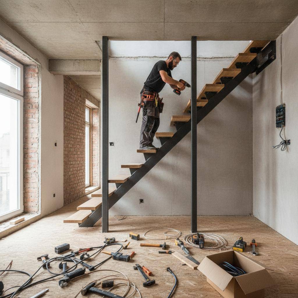 Artisan installant un escalier gain de place sur mesure lors d'une rénovation