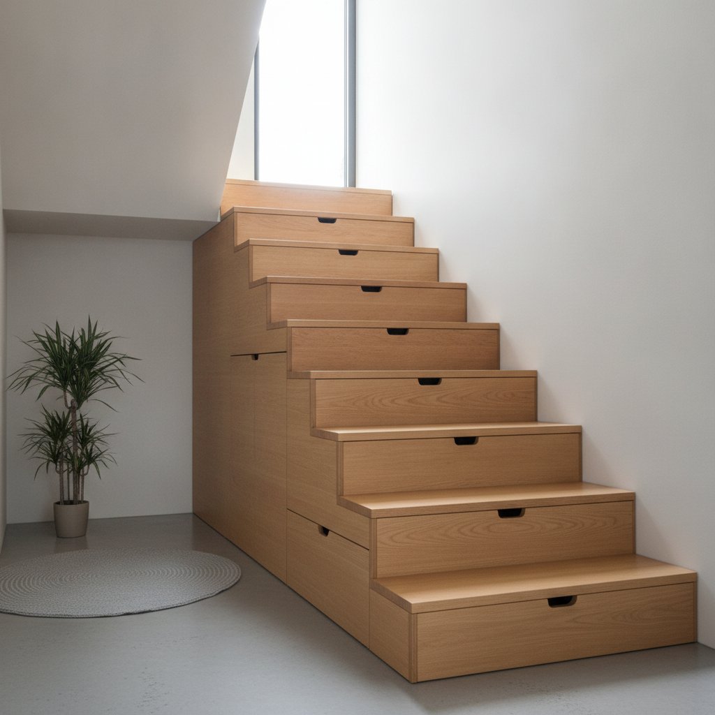 Escalier gain de place avec tiroirs de rangement intégrés sous les marches